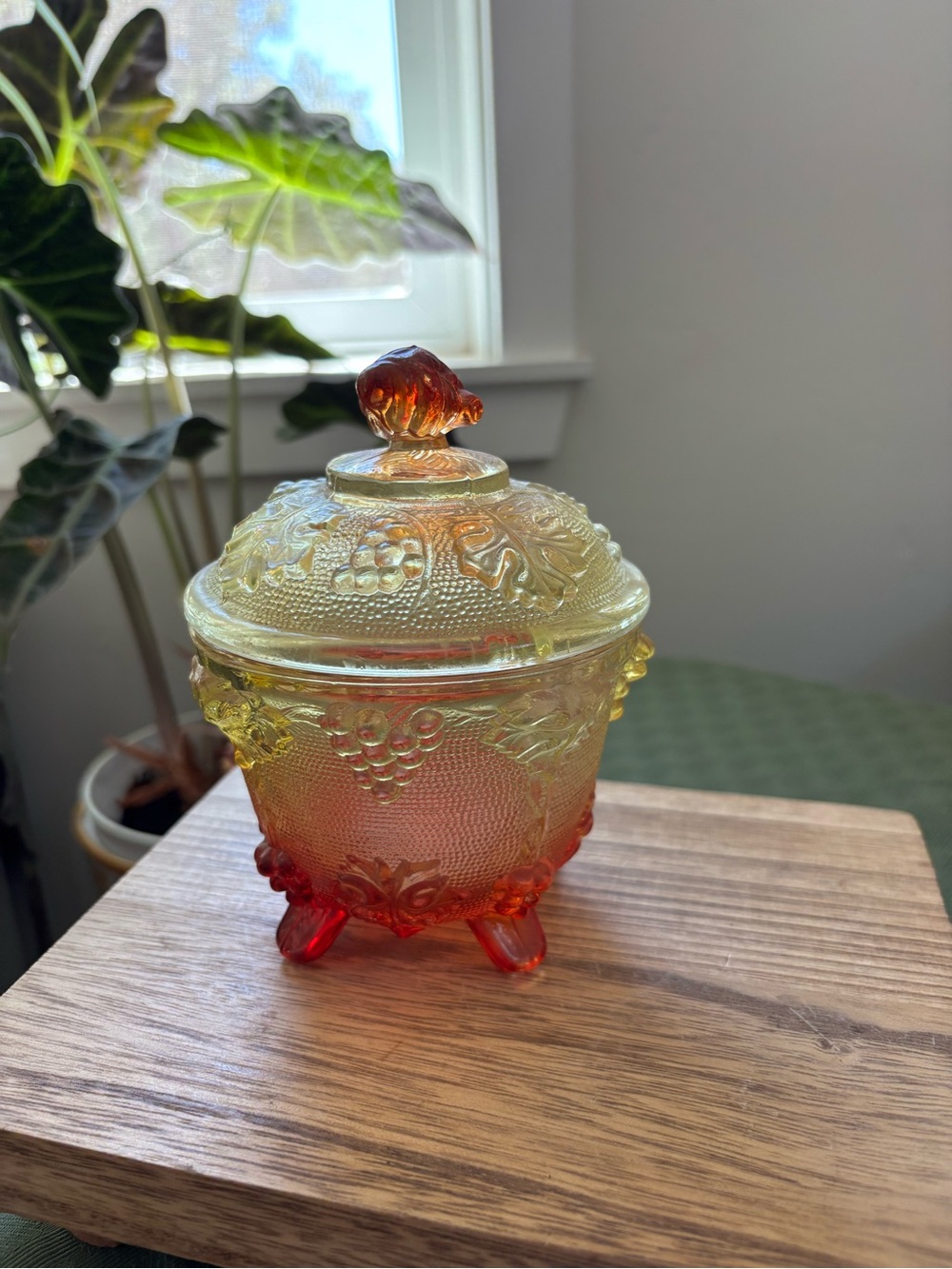 Vintage Jeanette Glass yellow l to Red Glass Candy Dish with Lid